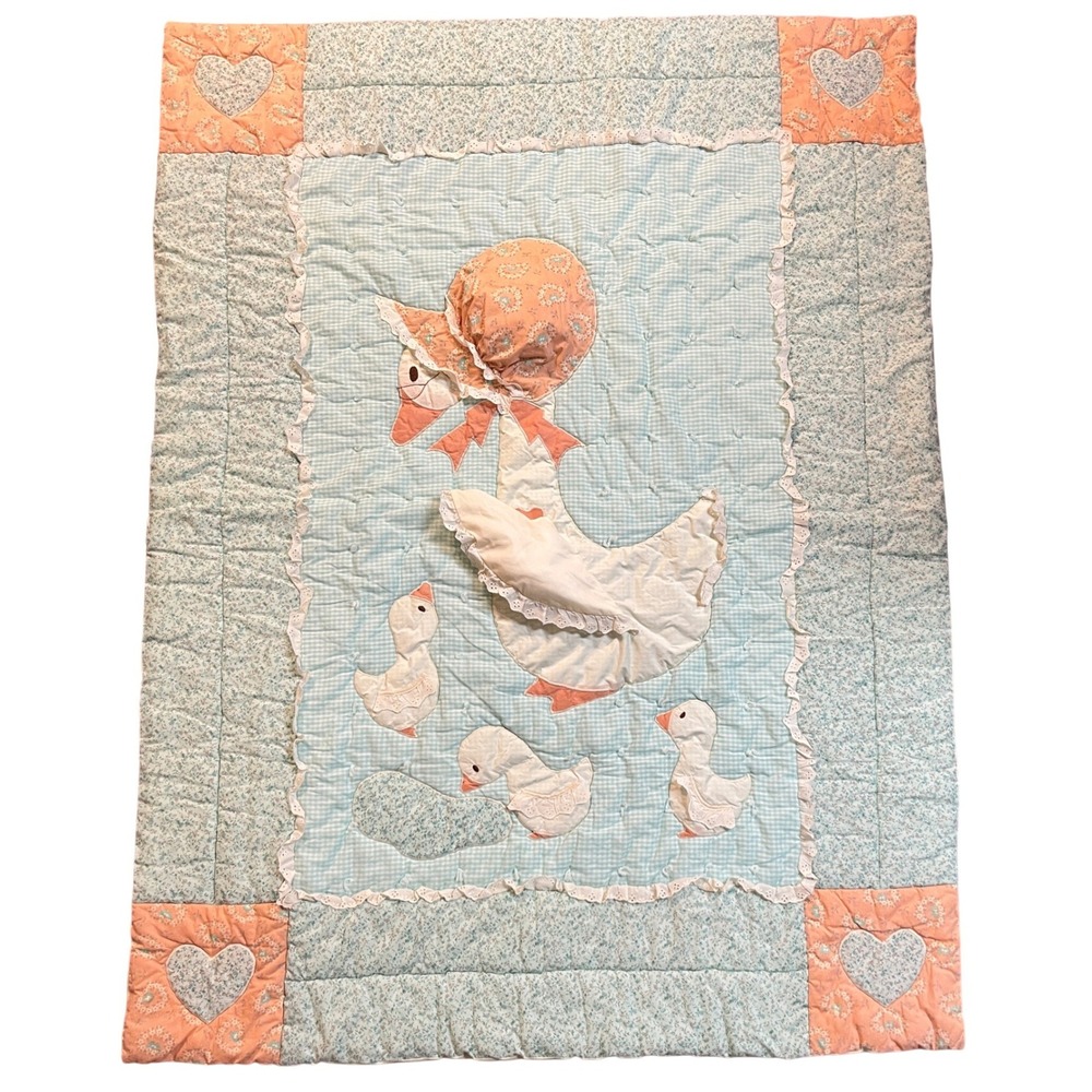 Vintage Mother Goose‎ Baby Quilt Duck Gingham Lace Handmade Cottagecore Granny